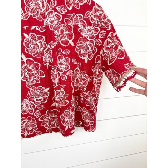 Nautica Jeans Red Floral Print Lace Trim Siesta Key Beach Shirt Size M - Picture 10 of 13